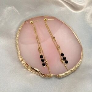Gold Stainless Steel Long Dangle Earrings Black Bead Spike Drop Earrings Womens